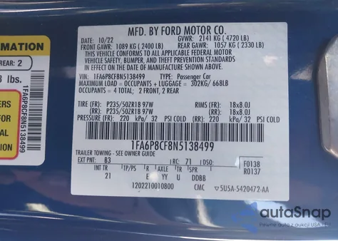 2022 Ford Mustang Gt Fastback из США, поврежденный, VIN 1FA6P8CF8N5138499